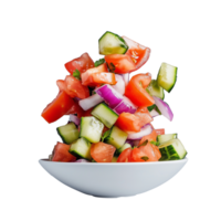 Bowl of diced fresh salad with tomato, cucumber, and red onion, emphasizing health and freshness on transparent background png