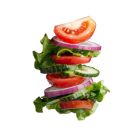 Fresh stack of sliced vegetables including tomato, cucumber, and lettuce, ideal for healthy eating on transparent background png