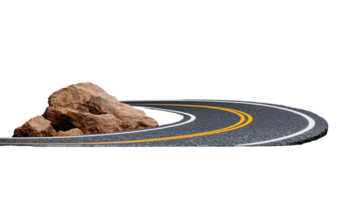 Curved mountain road with sharp turn and rocks, symbolizing adventure and journey on transparent background png