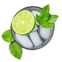 Top view of a glass of lime water with ice cubes and mint leaves, showcasing a refreshing summer drink on transparent background png