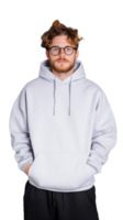 Young man with glasses in casual hoodie, hands in pockets, expressing relaxed style on transparent background png