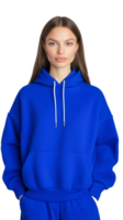 Woman in blue hoodie with hands in pockets, expressing a relaxed and comfortable look on transparent background png
