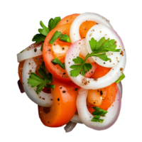 Healthy salad with tomato slices, onions, and parsley, representing a fresh and nutritious dish on transparent background png