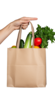 Hand holding a paper grocery bag filled with fresh vegetables, ideal for shopping and healthy eating themes on transparent background png