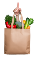 Arm holding paper grocery bag filled with vegetables, representing healthy shopping and eco-friendly choices on transparent background png