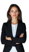 Professional woman in black suit crossing arms, representing confidence and poise on transparent background png