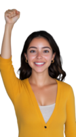Excited woman in yellow sweater raising fist, symbolizing success and positivity on transparent background png
