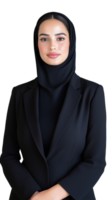 Professional woman in black hijab and blazer, representing confidence and professionalism on transparent background png