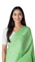 Smiling woman in traditional green saree, showcasing cultural grace on transparent background png