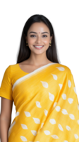Smiling woman in yellow saree with bindi, representing cultural beauty and joy on transparent background png