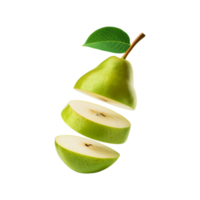 Sliced pear fruit with green leaf on transparent background png