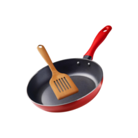 Red handle fry pan with wooden spatula on transparent background png