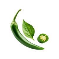 Whole green chili with slice and leaf on transparent background png