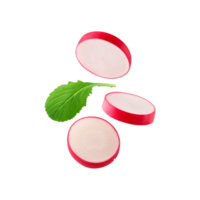 Fallen sliced red radish with green leaf on transparent background png