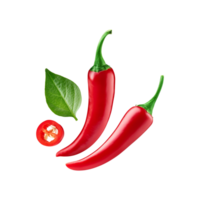 Falling Whole and sliced red chili with green leaf on transparent background png