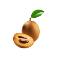 Fresh Sapodilla fruit with slice and leaf on transparent background png
