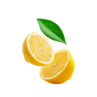Half sliced yellow lemon fruit with green leaf on transparent background png