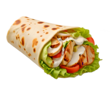 A Crispy Chicken Shawarma With Tortilla, Juicy Chicken, Vegetables, and Tangy Sauce png