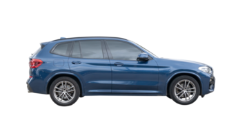 Side view of blue hatchback car isolated with clipping path in file format png