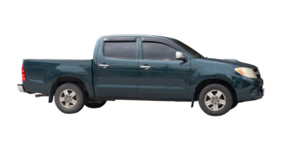 Side view of dark blue pickup truck isolated with clipping path in file format png