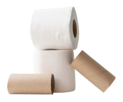Two rolls of white tissue paper or toilet paper with cores or tubes in stack isolated with clipping path in file format png