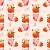 Seamless pattern of Christmas socks with presents vector