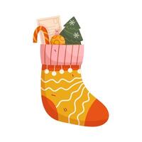 Christmas sock with candy cane, presents on white background vector