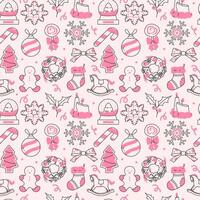 Seamless pattern with Christmas doodle elements with pink filling vector