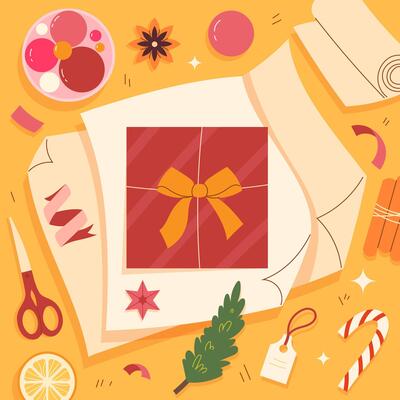 Gift wrapping concept. Christmas composition top view. Wrapping a gift box for the winter holidays