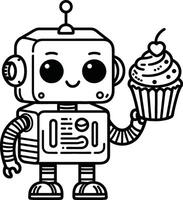 A robot holding a cupcake coloring page vector