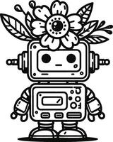 A robot with flowers on its head coloring page vector