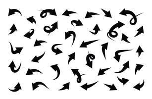 Black bold Arrows hand drawn set. Collection of doodle pointer in different directions. Isolated lines design. vector