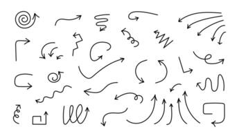 Hand drawn arrows icons set with editable stoke. Handwritten freehand different curved lines, swirls directions. Doodle drawing pointers on white background vector