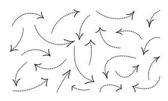 Dotted Lines Arrows in hand drawn style. Dot doddle direction lines set. Curved, dashed, split editable stroke vector