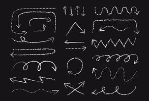 Arrows line chalk hand drawn set. Grunge spiral, scribble line on black background. Abstract crayon pencil illustration. vector