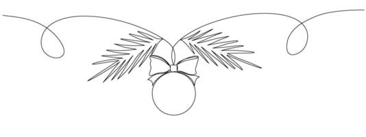 Continuous single line drawing of Christmas balloon with bow and pine tree branches for New Year and Christmas greeting card. editable illustration vector