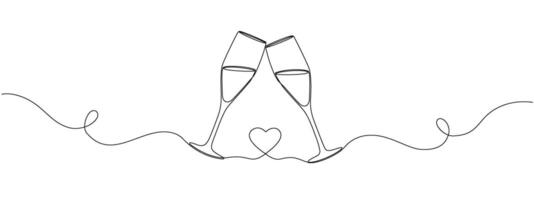 Two champagne glasses clinking with heart shape. drawing continuous single editable line. Design for wedding, romantic concept . vector