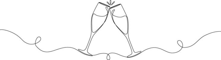 Two clinking champagne glasses drawing continuous single editable line. Design for holidays, new year. vector