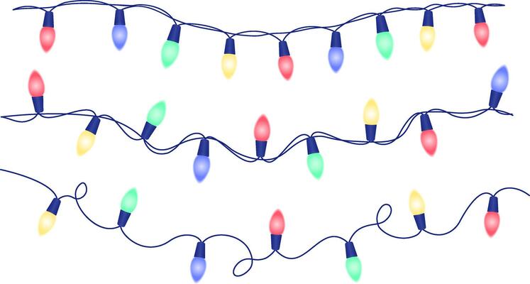Set of glowing holiday garland with colorful multicolored bulbs. Festive, Christmas New Year decoration. Design element of winter Christmas card. illustration