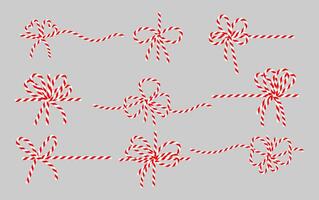 Set of red white twine ribbon bows. Bowknot for package or letter. Elegant minimal style gift wrap for New year, Christmas vector