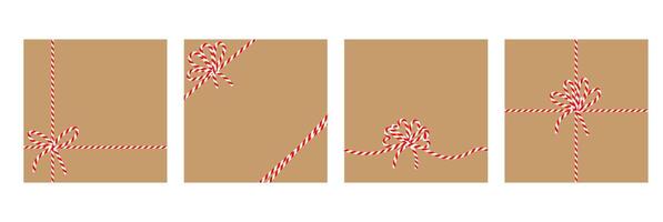 Set of square craft brown backgrounds with candy cane ribbon. Christmas packing string for decoration and present vector