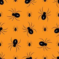 Black spiders on a orange background. Halloween seamless pattern. For backdrop, wrapping paper, fabric, wallpaper vector
