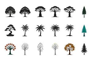 Variety of Tree Silhouettes and Simple Illustrations Including Palm Pine and Bonsai vector
