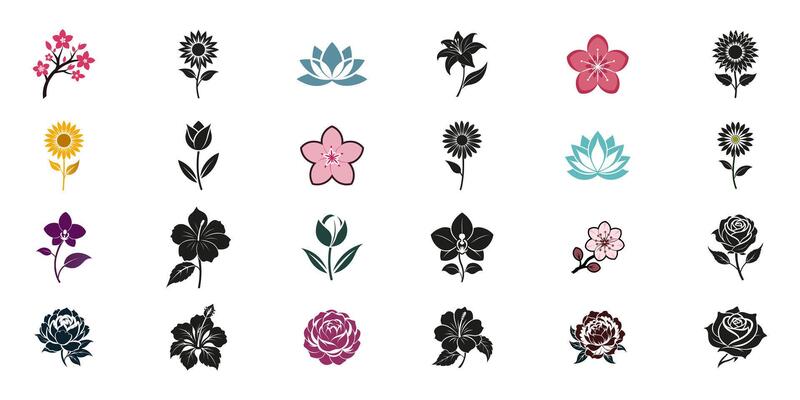 Collection of Various Flower Icons in Different Styles and Designs