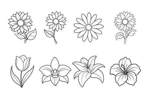 ine Art Illustrations of Eight Different Flowers for Coloring and Design Projects vector