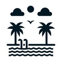 Tropical Beach Scene with Palm Trees, Sun, Clouds, and Bird Illustration vector