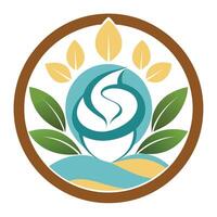 Abstract Circle Logo with Leaves and Waves. vector
