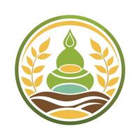 Circular Logo with Green Drop, Wheat, and Soil. vector