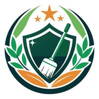 Cleanliness Service Logo With Broom And Shield. vector