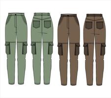 Technical flat sketch of Wide pants. Waistband cargo sweatpants with side pockets. Front and back apparel vector